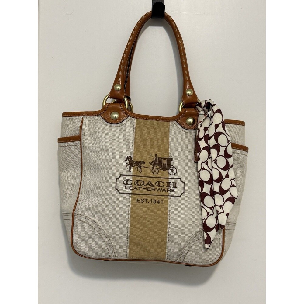 Auth COACH Heritage Striped Tote 11791 Cream Brown Light Brown Leather  Tote Bag